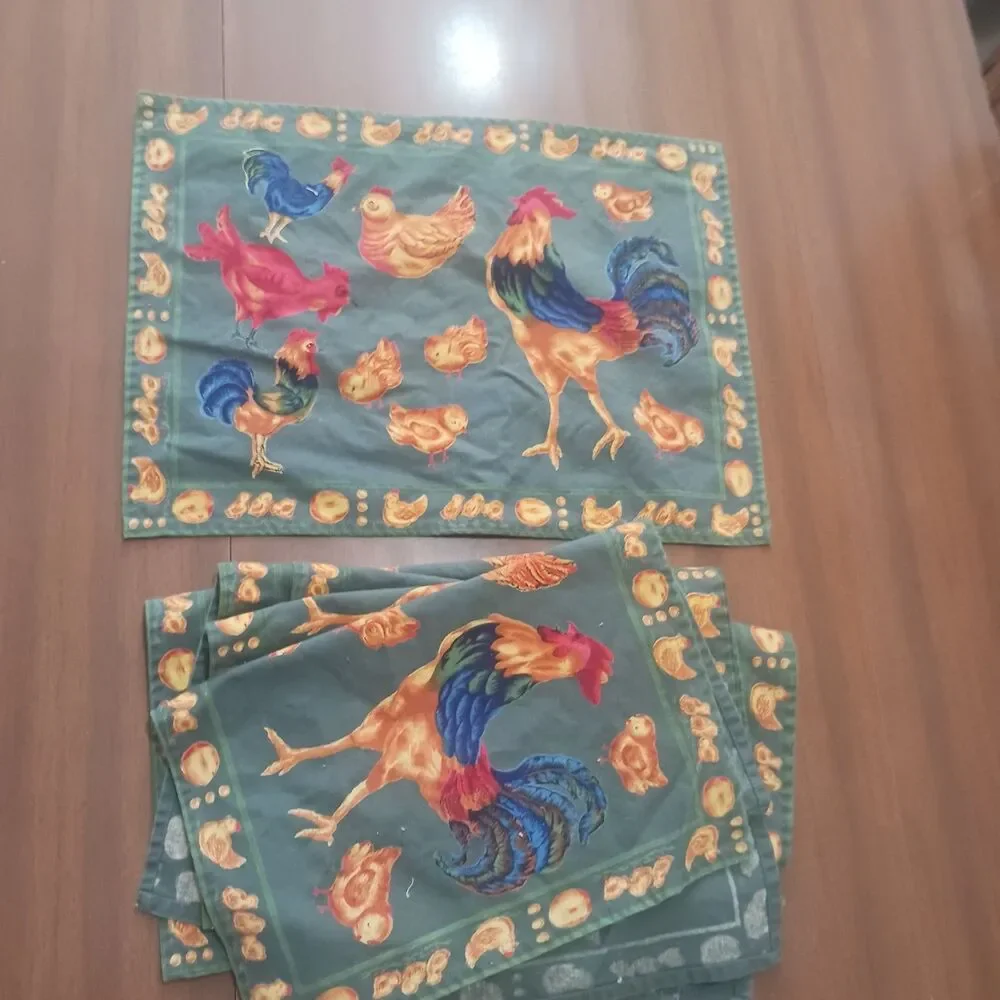 Vintage Linens Placemats Chicken Roosters Green 6